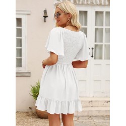 Summer Smocked V Neck Flutter Sleeve