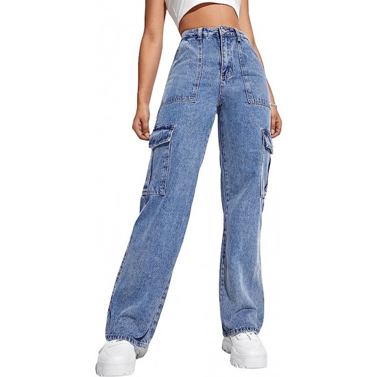 High Waist Cargo Jeans Flap Pocket Wide Leg Denim Pants