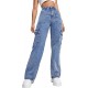 High Waist Cargo Jeans Flap Pocket Wide Leg Denim Pants