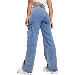 High Waist Cargo Jeans Flap Pocket Wide Leg Denim Pants