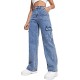 High Waist Cargo Jeans Flap Pocket Wide Leg Denim Pants