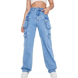 High Waist Cargo Jeans Flap Pocket Straight Leg Denim Pants