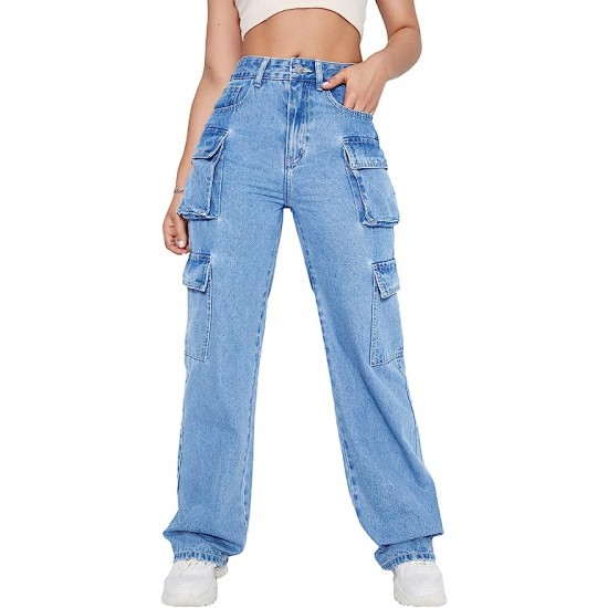 High Waist Cargo Jeans Flap Pocket Straight Leg Denim Pants