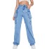 High Waist Cargo Jeans Flap Pocket Straight Leg Denim Pants