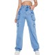 High Waist Cargo Jeans Flap Pocket Straight Leg Denim Pants