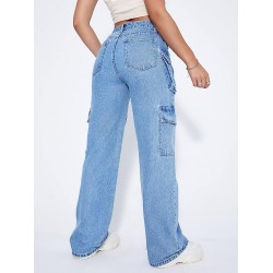 High Waist Cargo Jeans Flap Pocket Straight Leg Denim Pants