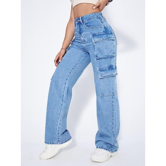 High Waist Cargo Jeans Flap Pocket Straight Leg Denim Pants