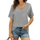 Bofell Womens V Neck Rolled Short Sleeve T Shirts Casual Summer Tops Tshirts with Pocket