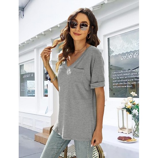 Bofell Womens V Neck Rolled Short Sleeve T Shirts Casual Summer Tops Tshirts with Pocket