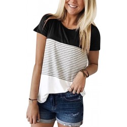 YunJey Round Neck Triple Color Block Stripe T-Shirt