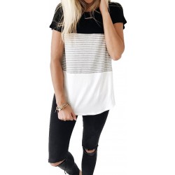 YunJey Round Neck Triple Color Block Stripe T-Shirt