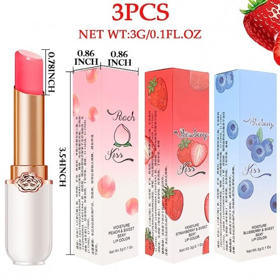 evpct 3Pcs Peach Strawberry Blueberry Tinted Lip Balms PH Lip Color Changing Lipstick