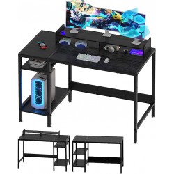 Home Office Desk with Storage, Small Desk with Monitor Stand