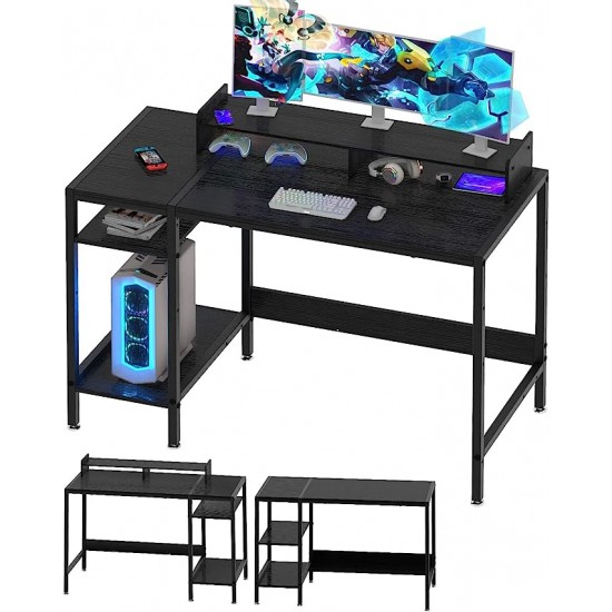 Home Office Desk with Storage, Small Desk with Monitor Stand